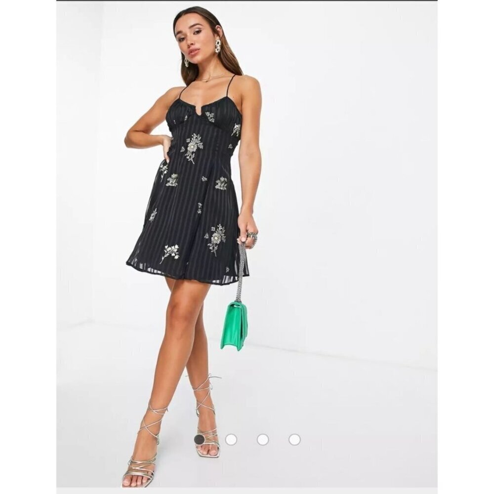 Asos Cami Mini Dress in Satin Floral Embroidered Striped Size 6